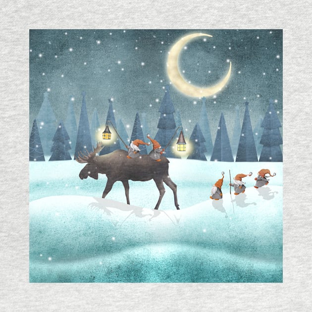 Scandinavian gnomes with moose watercolor illustration. Cute Christmas gnomes in snow forest. Winter fantasy moon night. Swedish Nordic funny gnomes by likapix